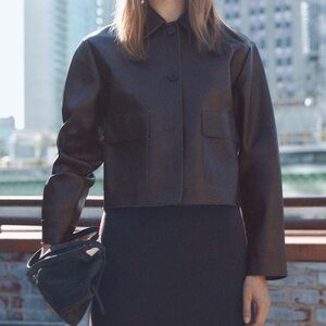 MANGO Faux Leather Jacket Dark Brown